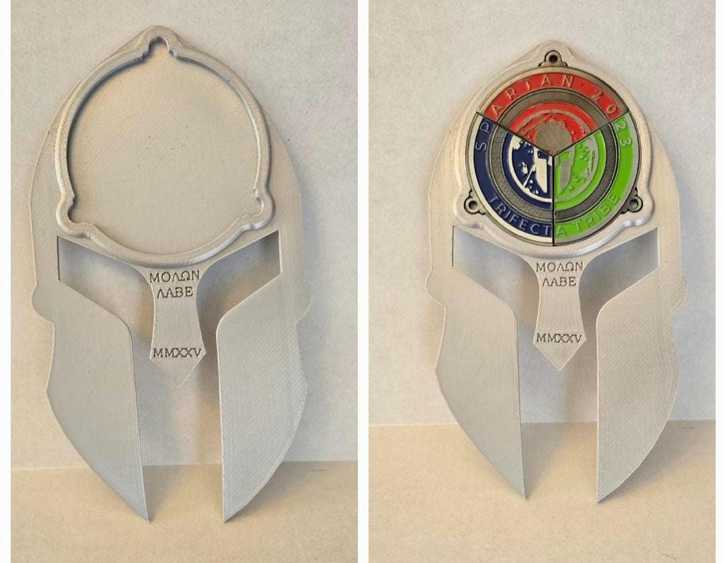 Engraved Spartan Trifecta Medal Holder - ΜΟΛΩΝ ΛΑΒΕ with Year