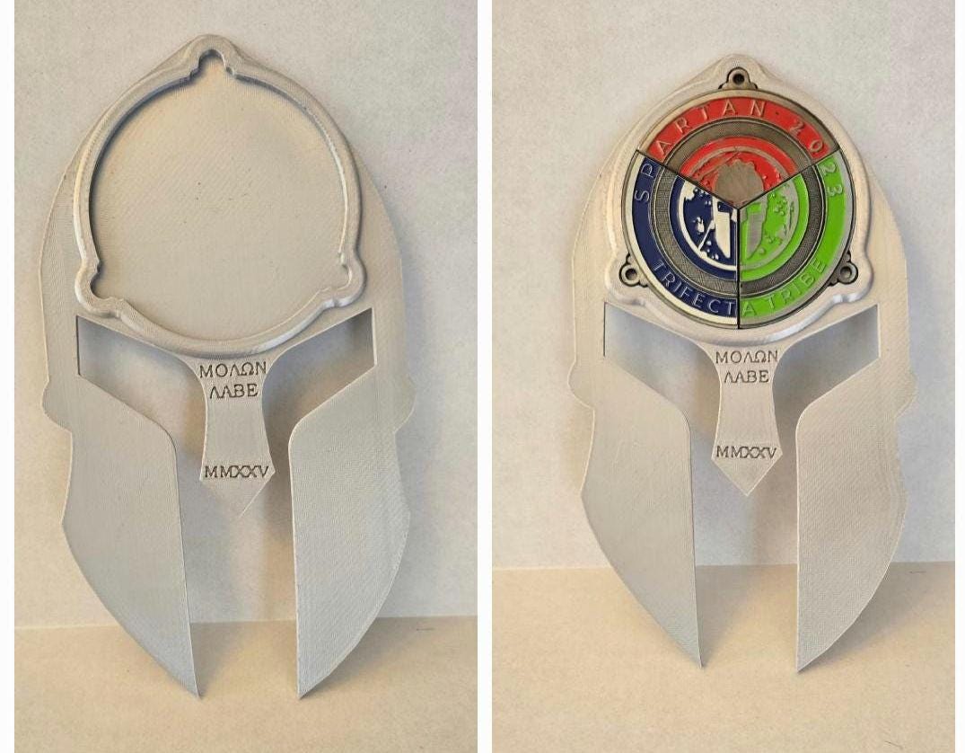 Engraved Spartan Trifecta Medal Holder - ΜΟΛΩΝ ΛΑΒΕ with Year