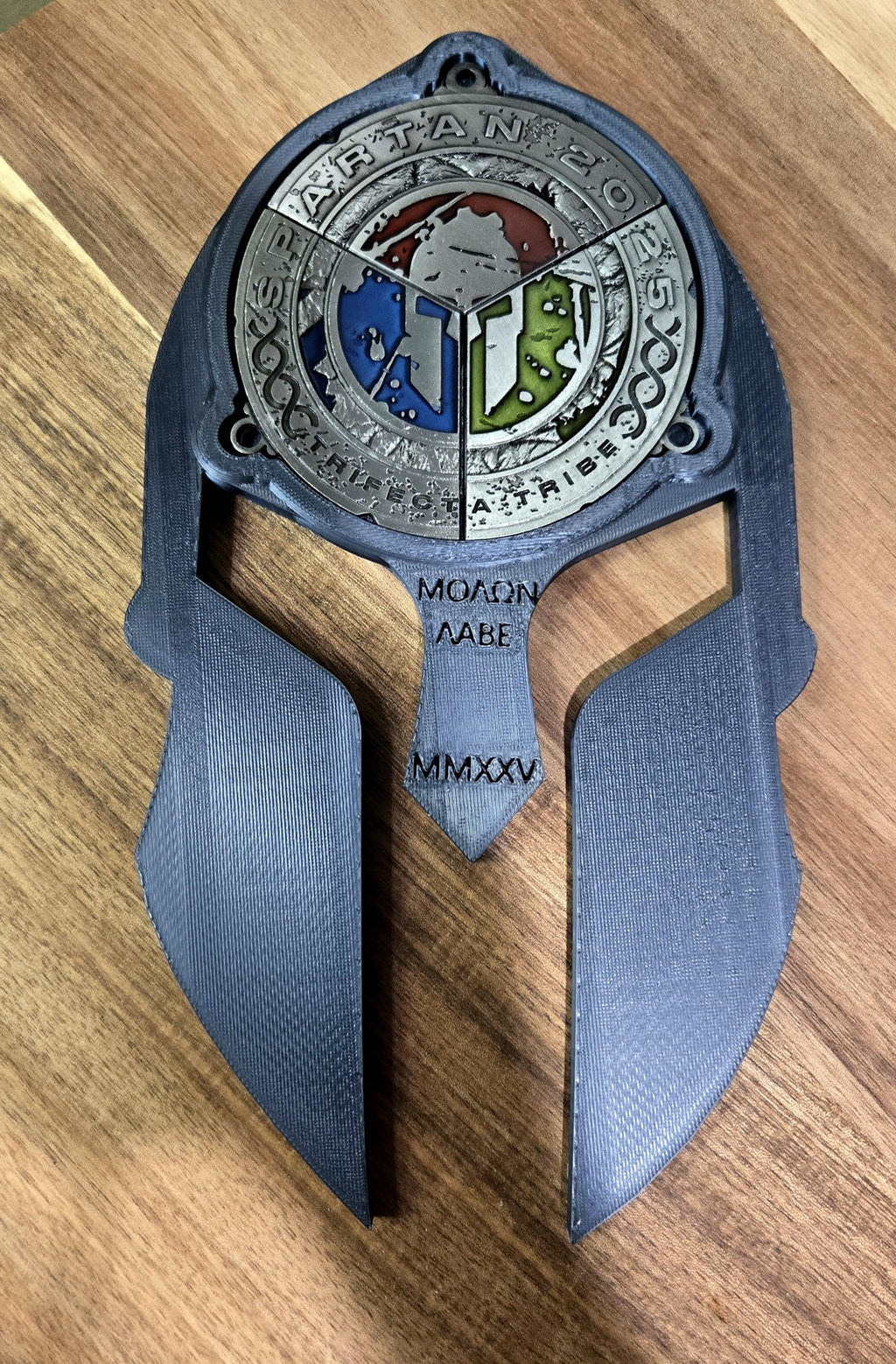Engraved Spartan Trifecta Medal Holder - ΜΟΛΩΝ ΛΑΒΕ with Year
