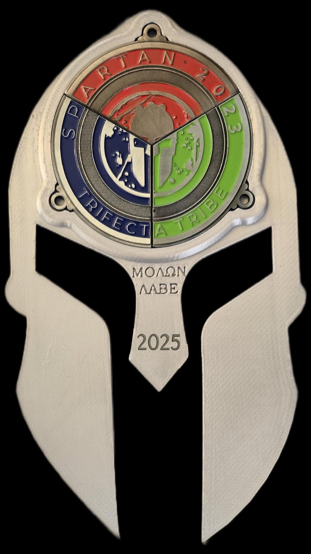 Engraved Spartan Trifecta Medal Holder - ΜΟΛΩΝ ΛΑΒΕ with Year