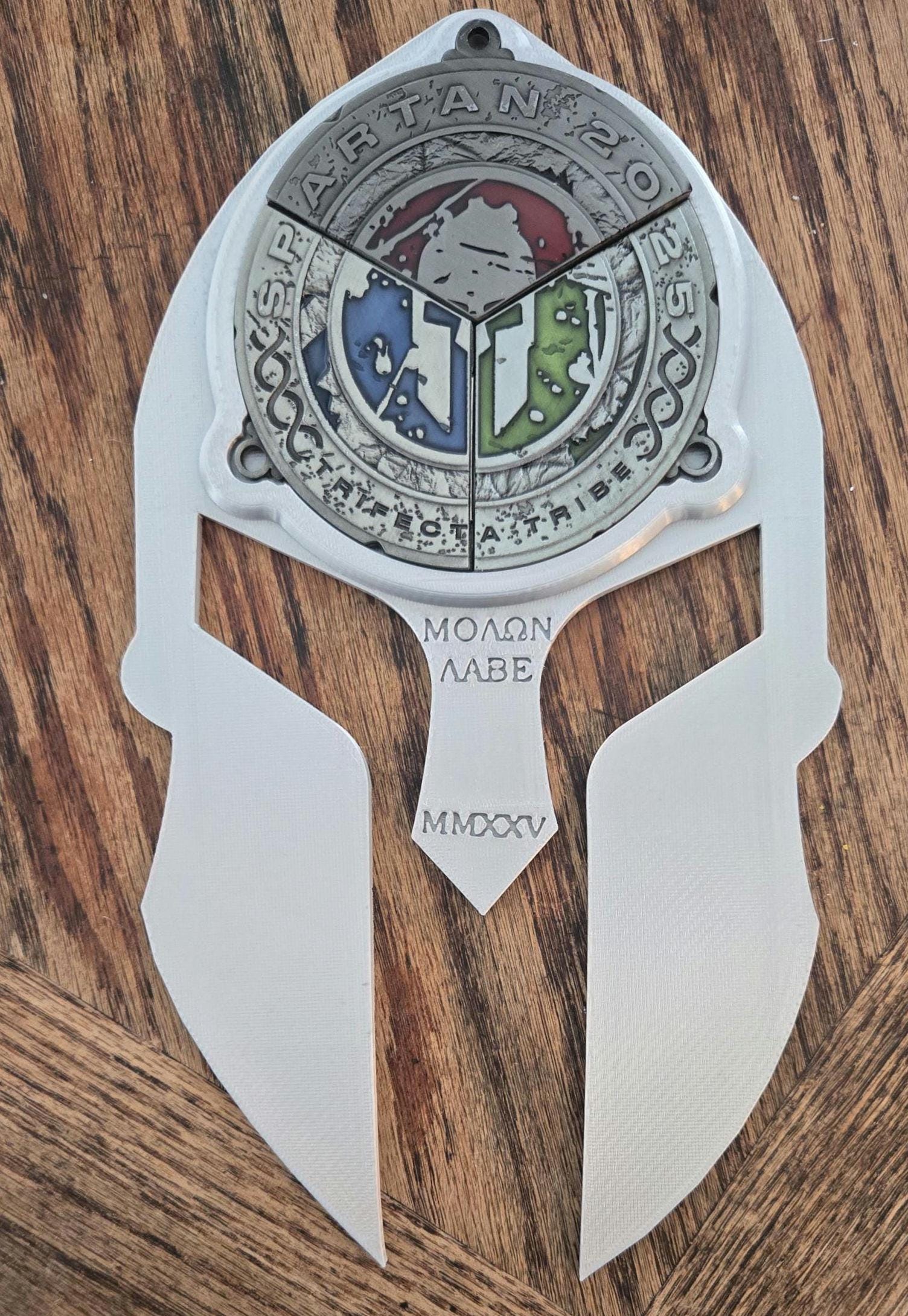 Engraved Spartan Trifecta Medal Holder - ΜΟΛΩΝ ΛΑΒΕ with Year