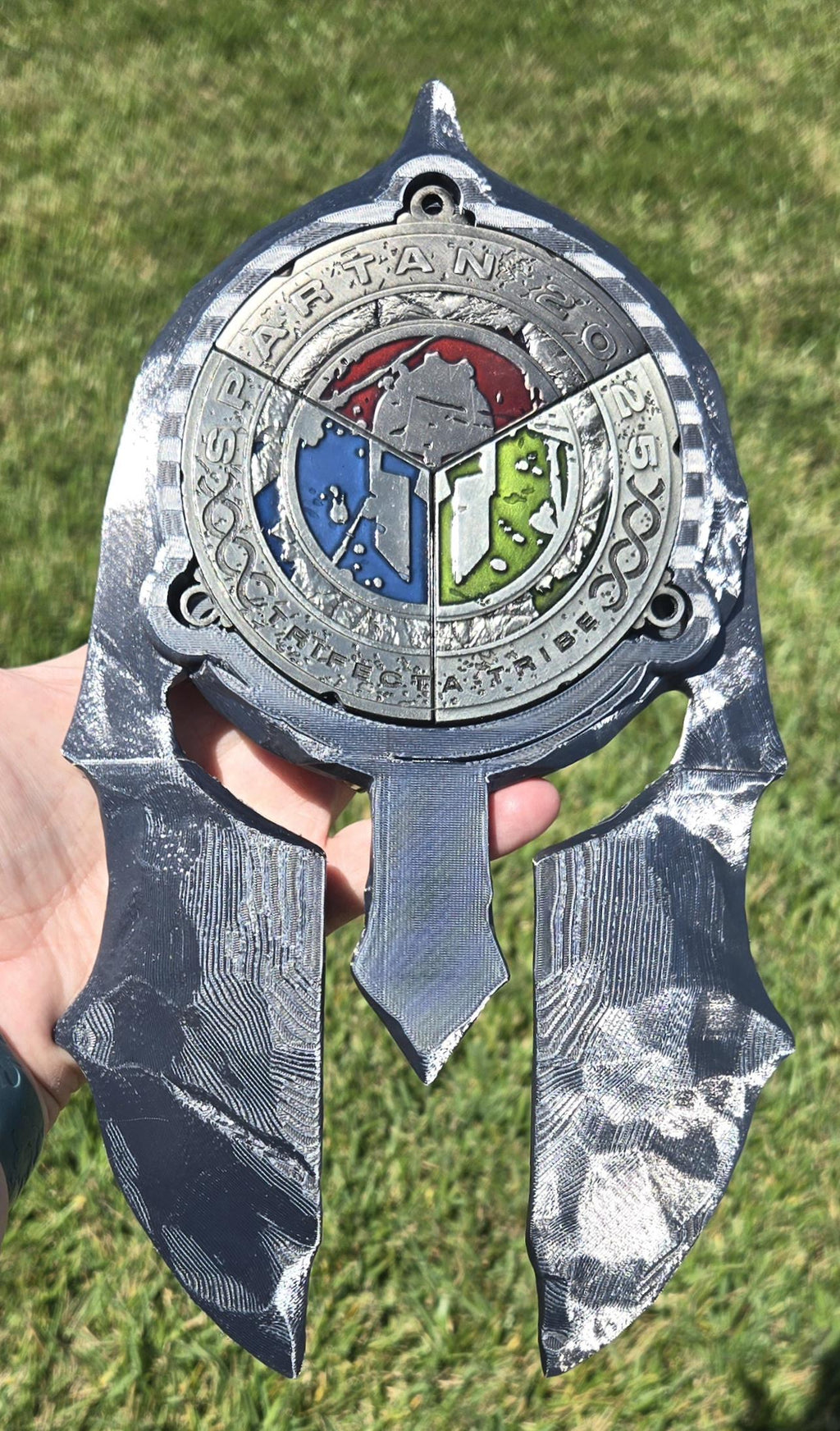 Hammered Spartan Trifecta Medal Holder - Forged Texture Helmet