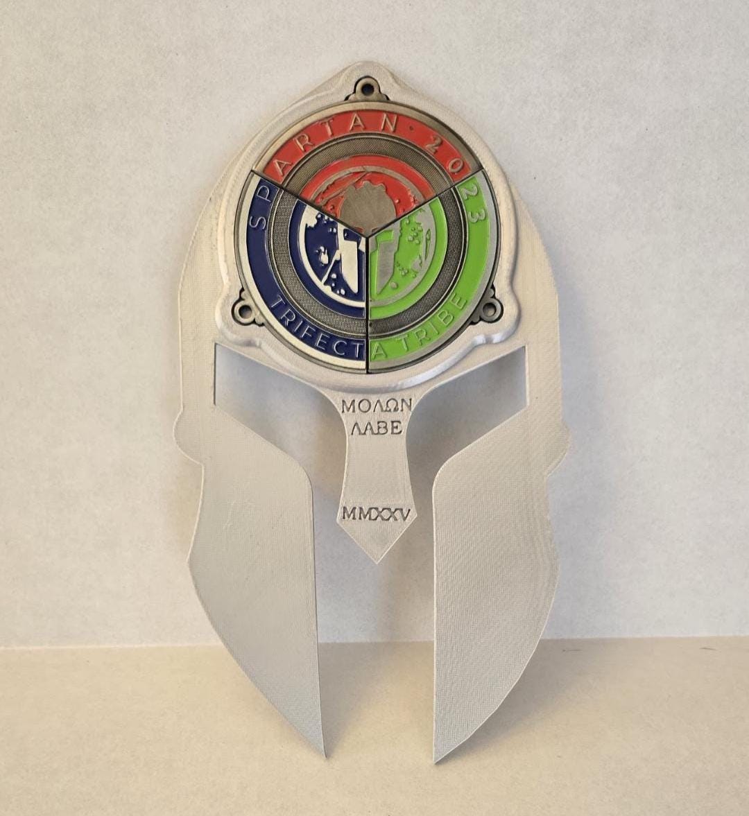 Engraved Spartan Trifecta Medal Holder - ΜΟΛΩΝ ΛΑΒΕ with Year