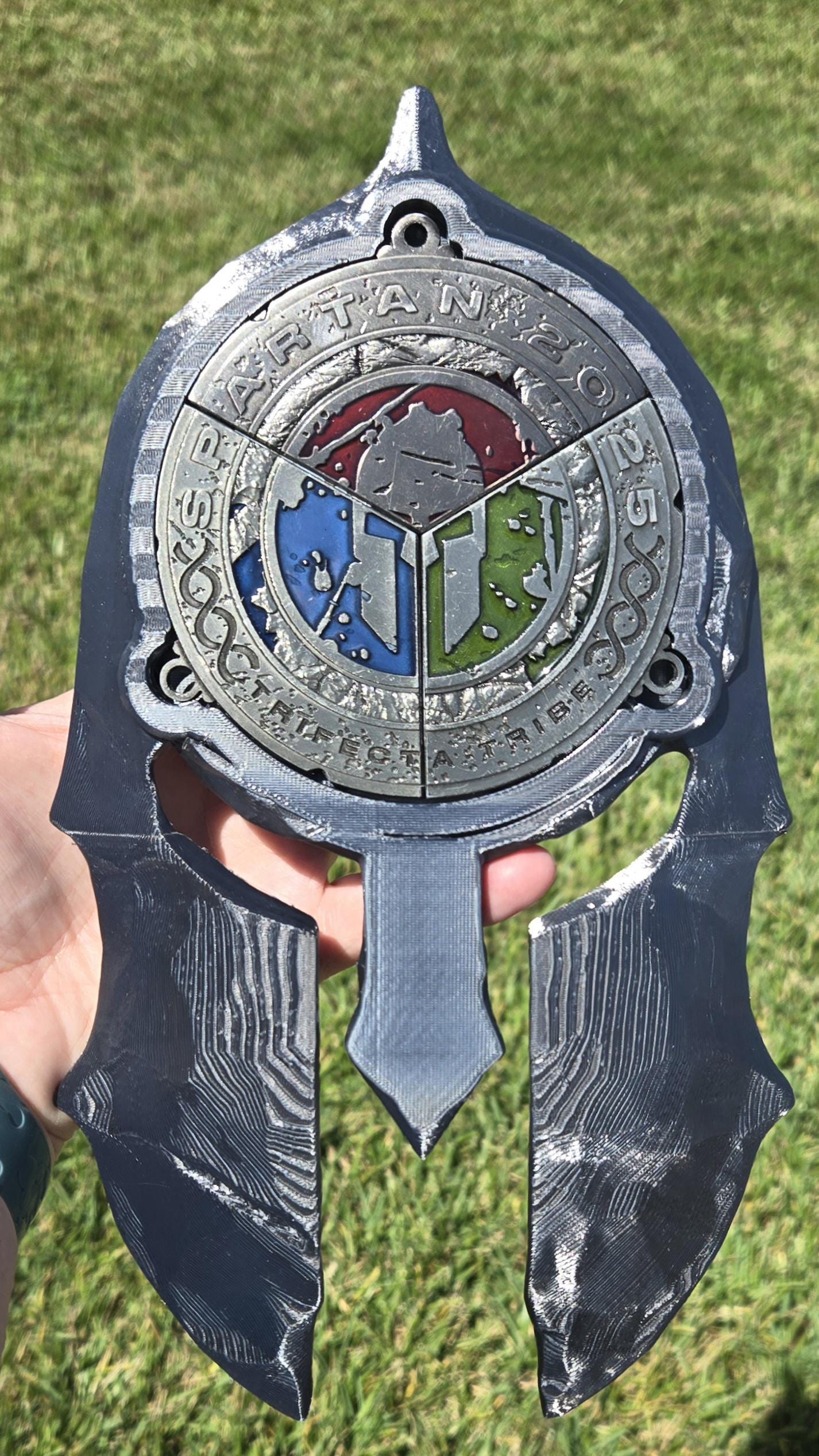 Hammered Spartan Trifecta Medal Holder - Forged Texture Helmet