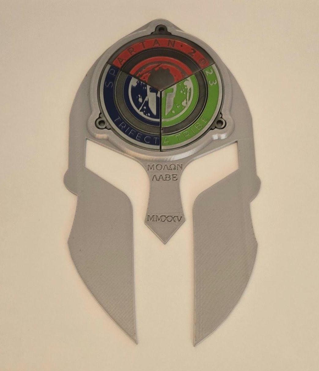 Engraved Spartan Trifecta Medal Holder - ΜΟΛΩΝ ΛΑΒΕ with Year