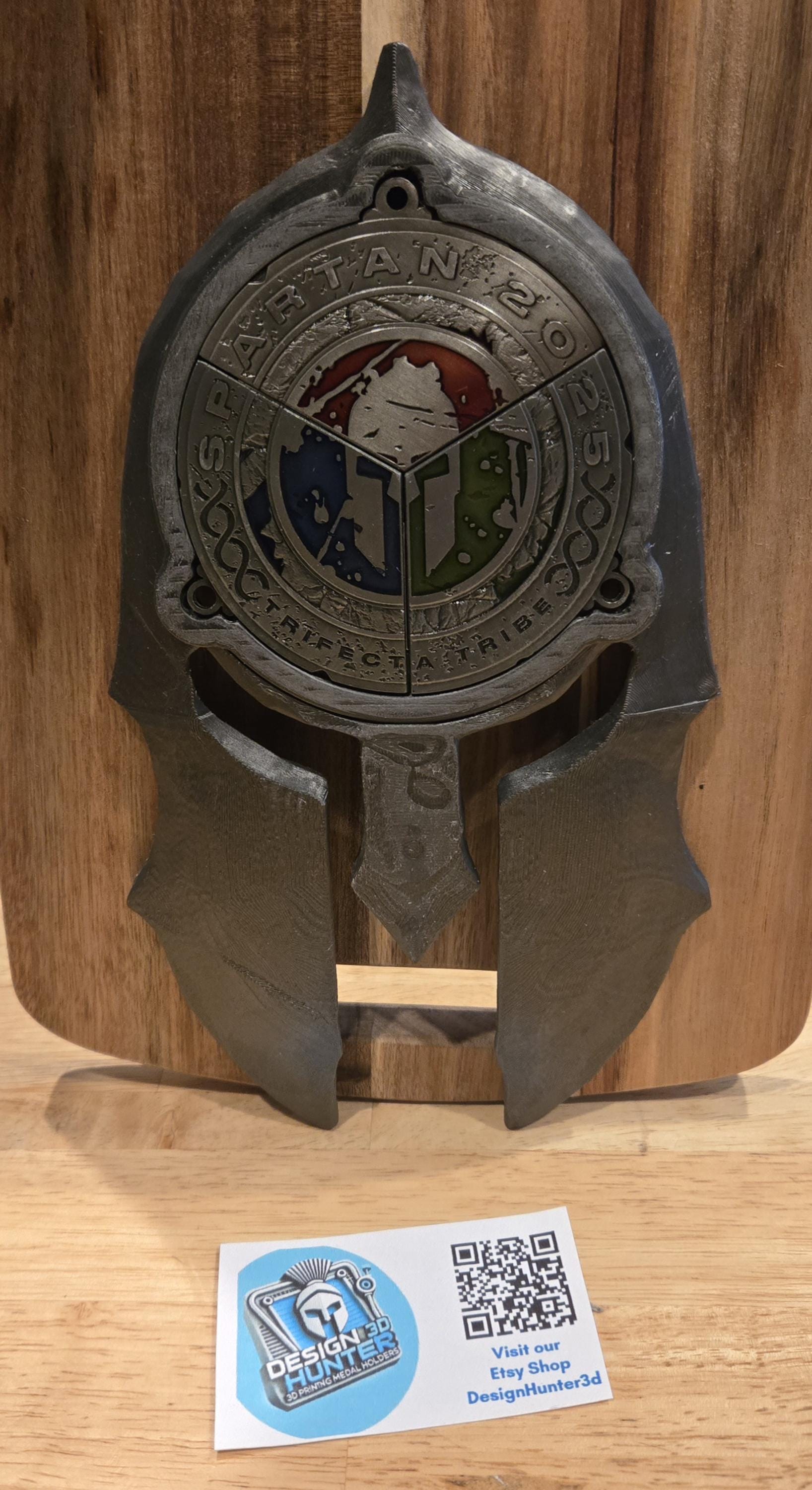 Hammered Spartan Trifecta Medal Holder - Forged Texture Helmet